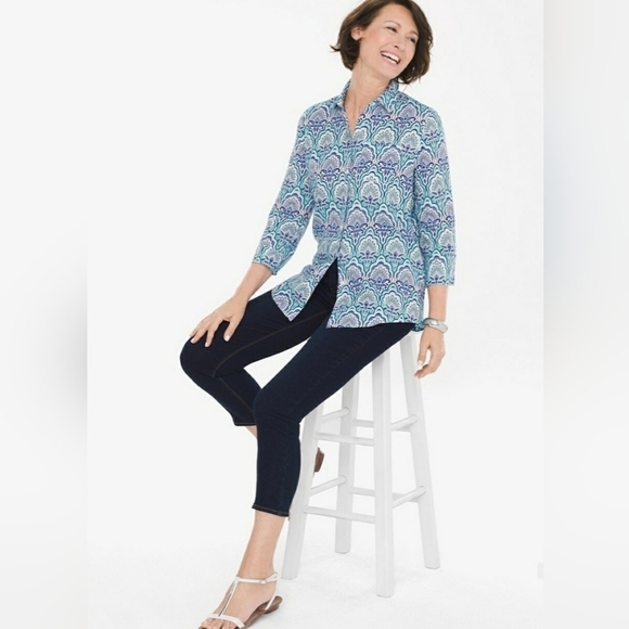 Chico's Scallop-Print Button Front No Iron Linen Shirt Size 0=8/10 Colorful - Picture 1 of 13